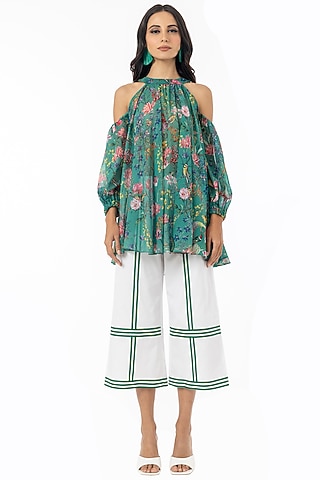 Emerald Green Printed Cold Shoulder Long Flared Blouse by Gaya