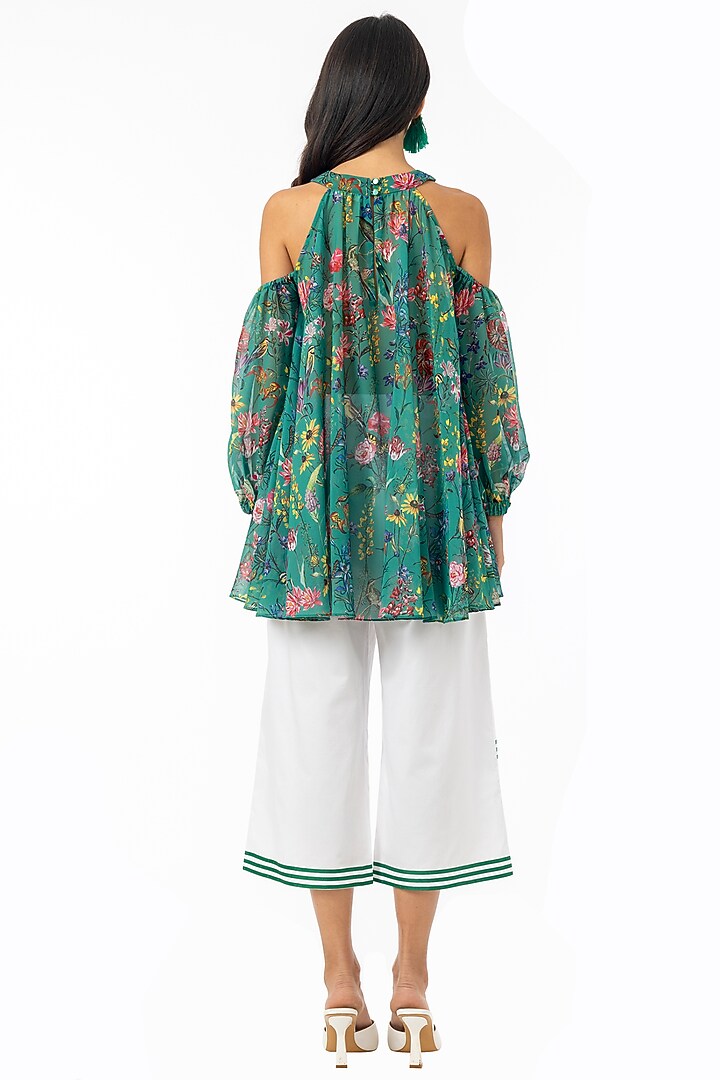 Emerald Green Printed Cold Shoulder Long Flared Blouse by Gaya at Pernia's Pop Up Shop