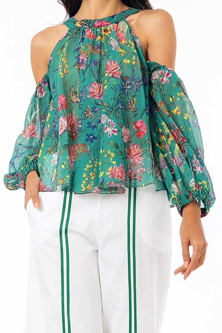 Emerald Green Printed Cold Shoulder Long Flared Blouse by Gaya at Pernia's Pop Up Shop