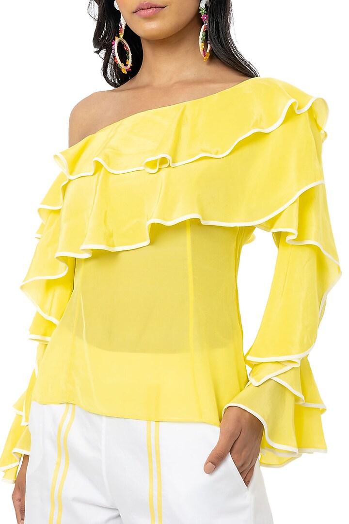 Yellow One Shoulder Ruffled Top by Gaya at Pernia's Pop Up Shop