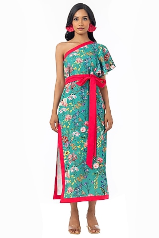 Emerald Green Printed One Shoulder Dress by Gaya