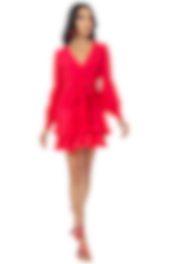 Hot Pink Ruffled Overlap Mini Dress by Gaya
