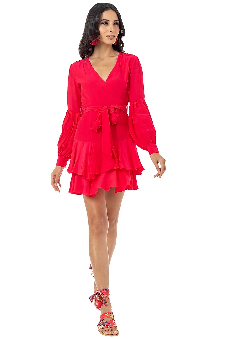 Hot Pink Ruffled Overlap Mini Dress by Gaya