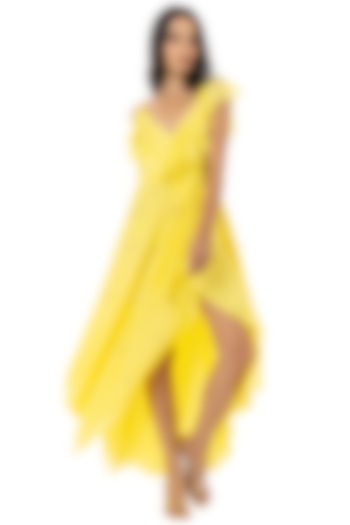 Yellow Embellished & Ruffled Asymmetrical Dress by Gaya