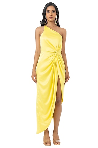 Yellow One Shoulder Draped Dress by Gaya