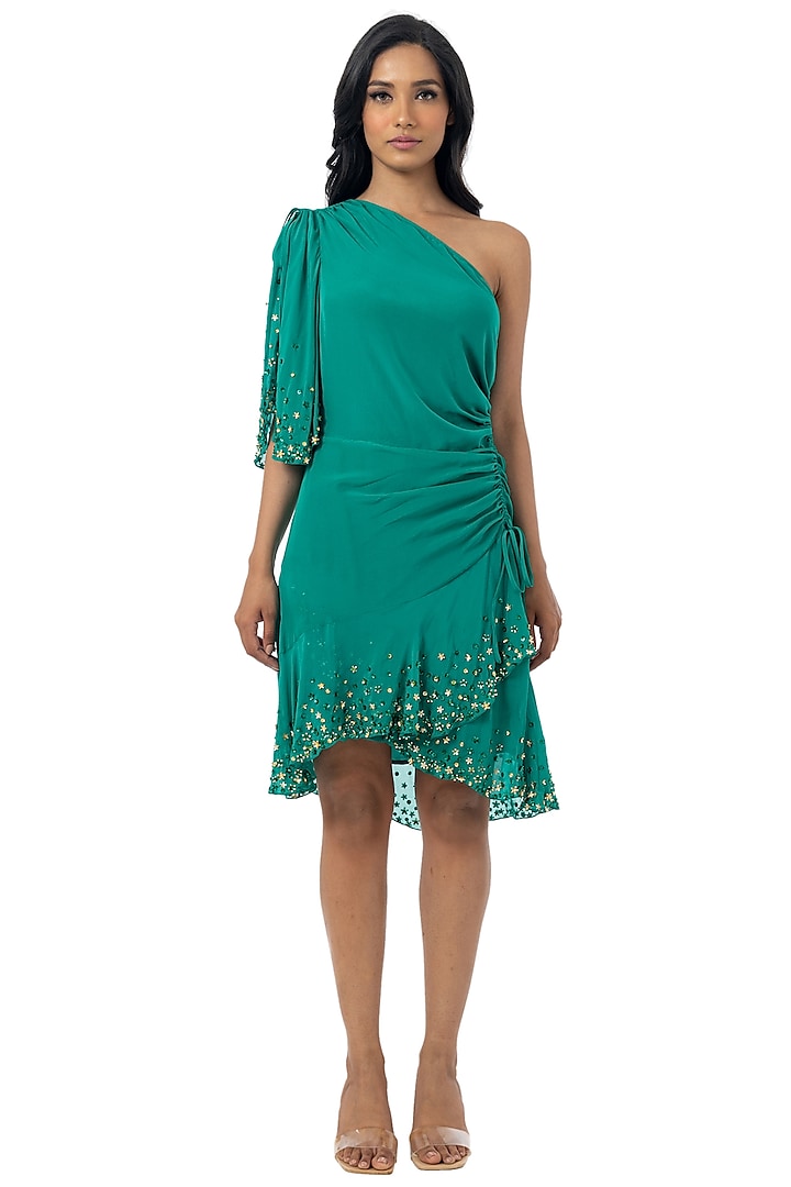 Emerald Green Embellished One Shoulder Dress by Gaya