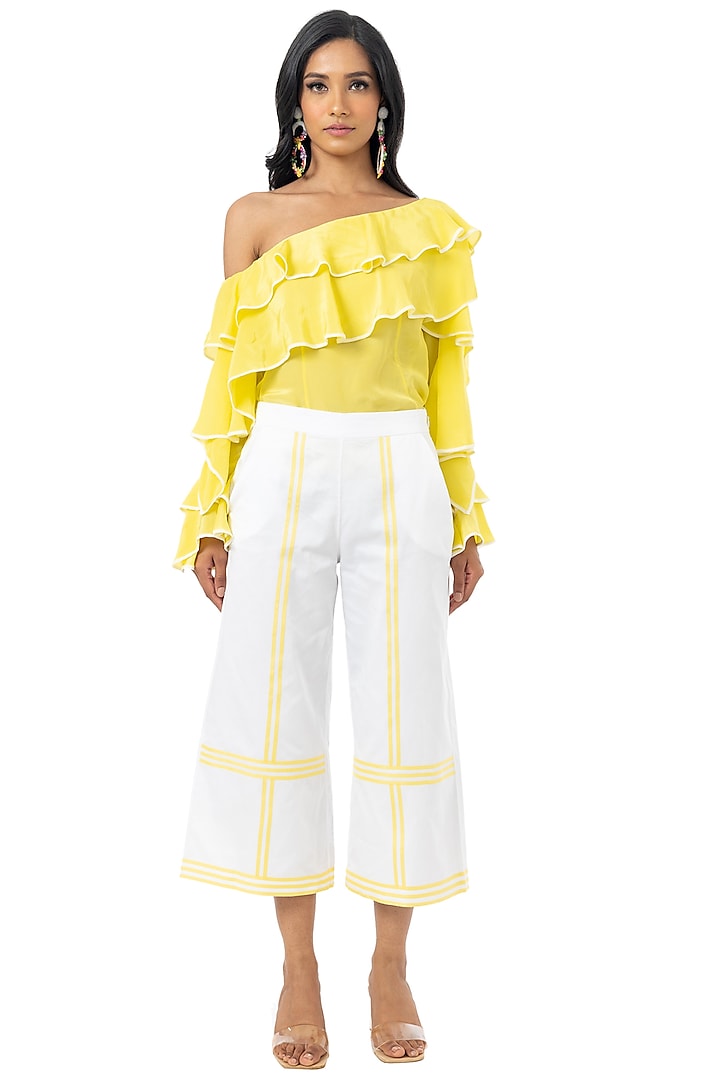 White & Yellow Cotton Satin Culotte Pants by Gaya