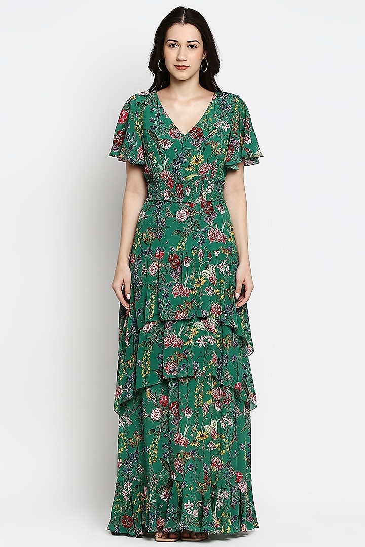 Green Floral Printed Maxi Dress by Gaya