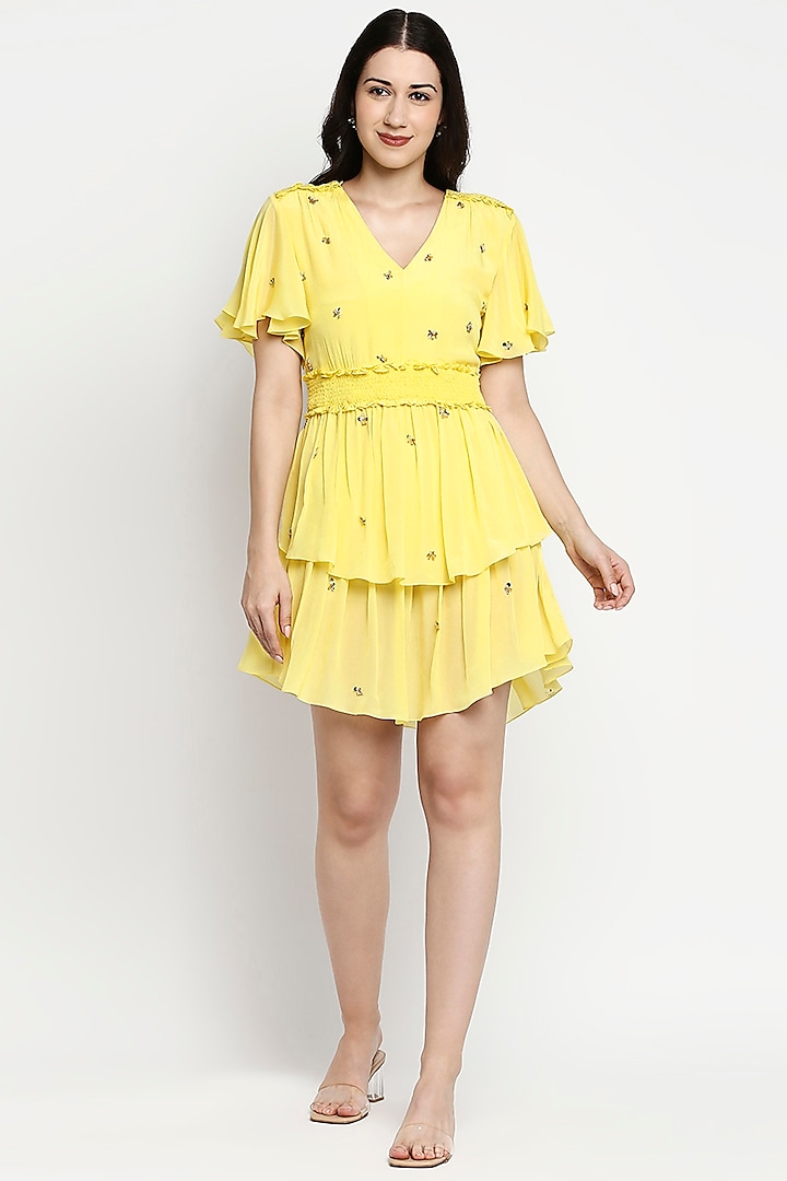 Yellow Viscose Crepe Mini Dress by Gaya