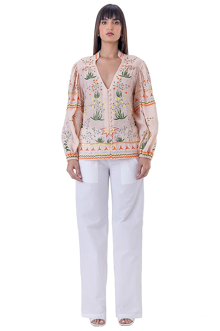 Peach Linen Embroidered Top by Gaya