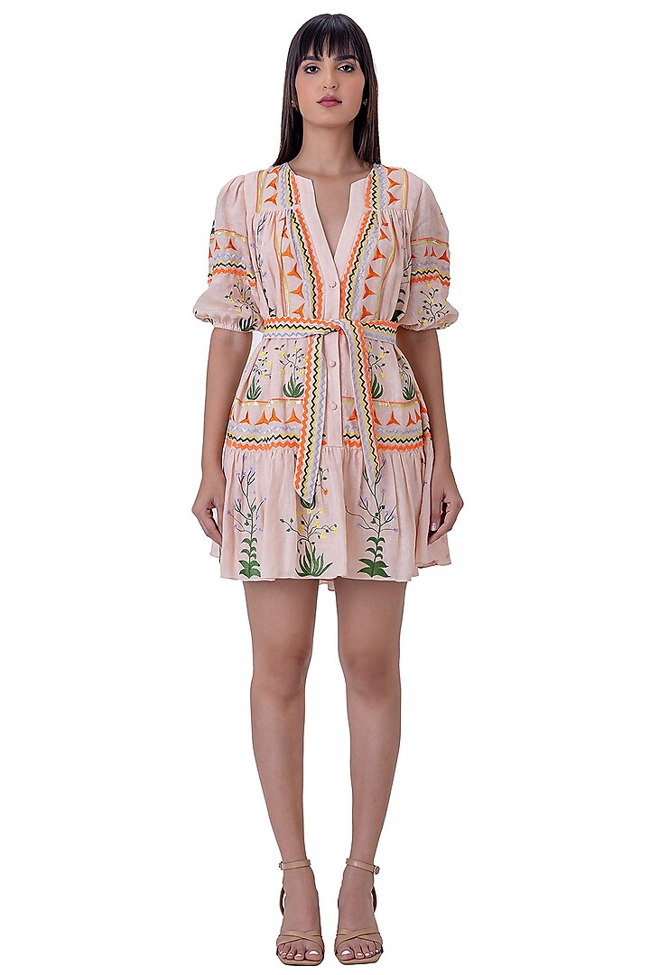 Peach Linen Embroidered Dress With Belt by Gaya