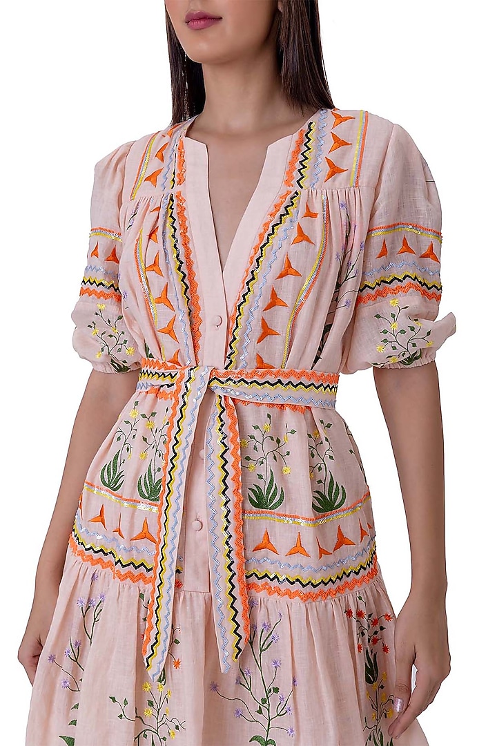 Peach Linen Embroidered Vacation Dress With Belt by Gaya at Pernia's Pop Up Shop
