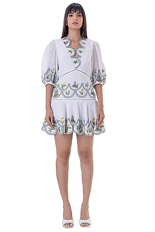 White Linen Embroidered Mini Dress by Gaya