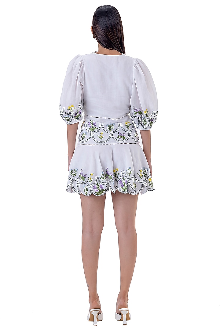White Linen Embroidered Mini Vacation Dress by Gaya at Pernia's Pop Up Shop