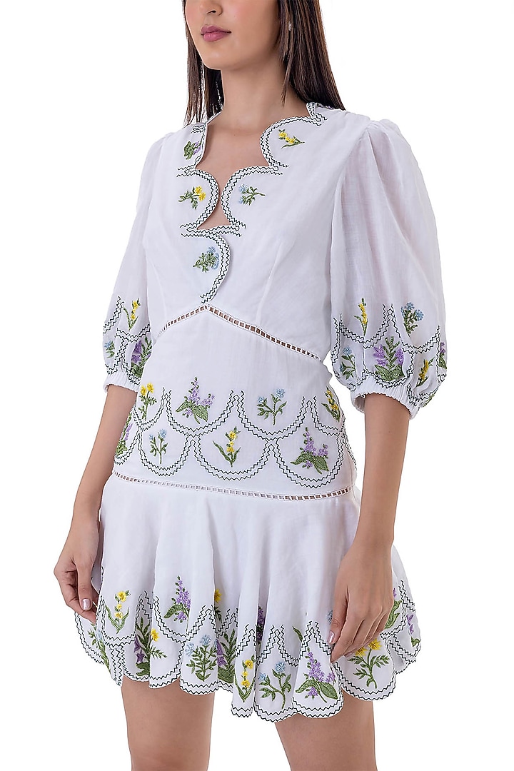 White Linen Embroidered Mini Vacation Dress by Gaya at Pernia's Pop Up Shop