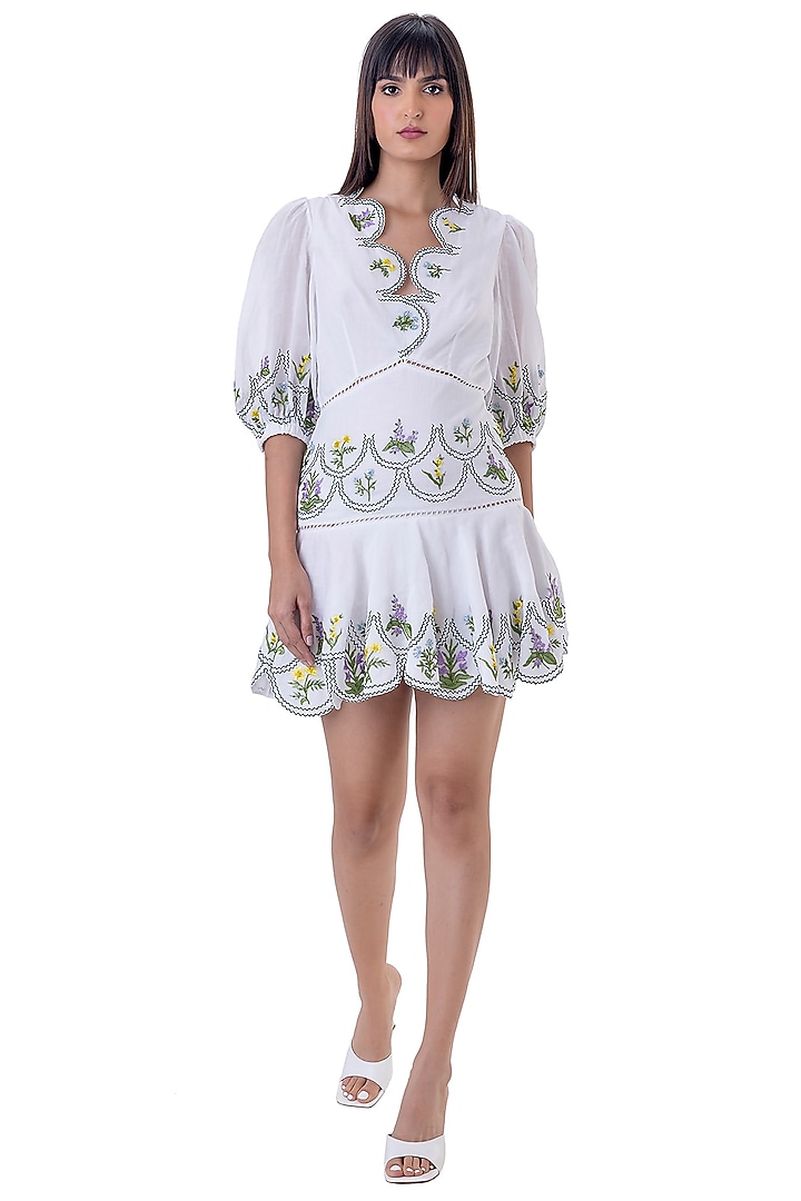 White Linen Embroidered Mini Vacation Dress by Gaya at Pernia's Pop Up Shop