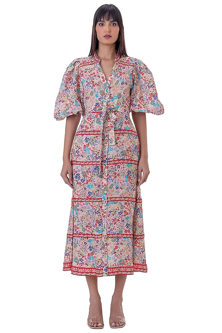 Multi-Colored Linen Floral Printed Dress With Belt by Gaya