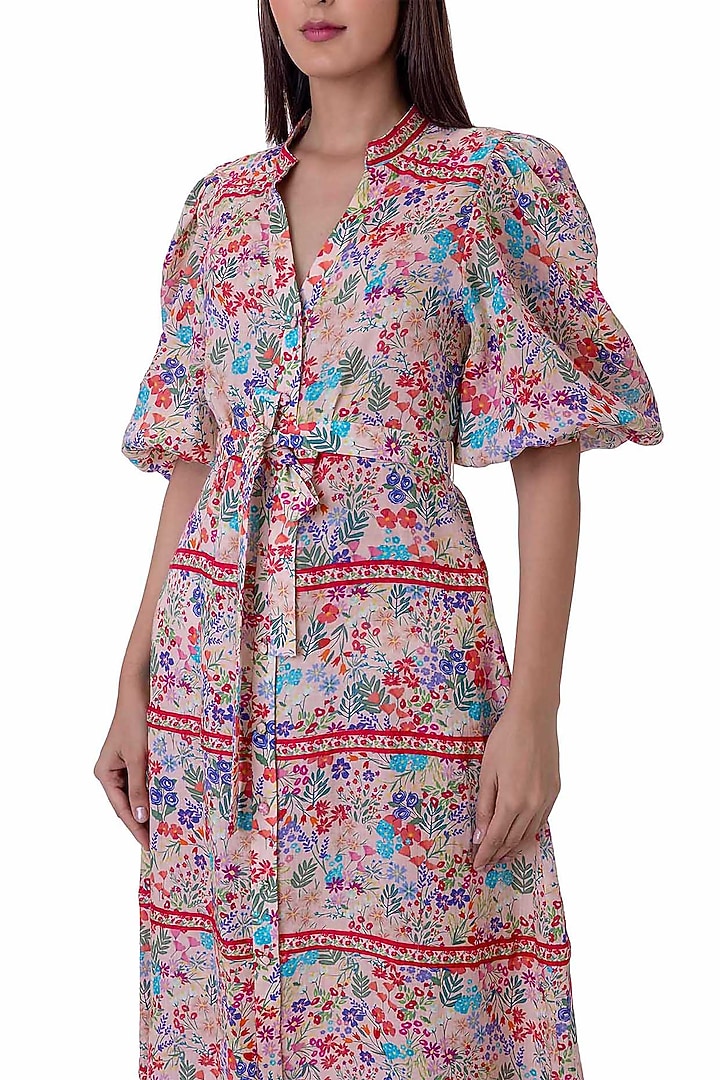 Multi-Colored Linen Floral Printed Vacation Dress With Belt by Gaya at Pernia's Pop Up Shop