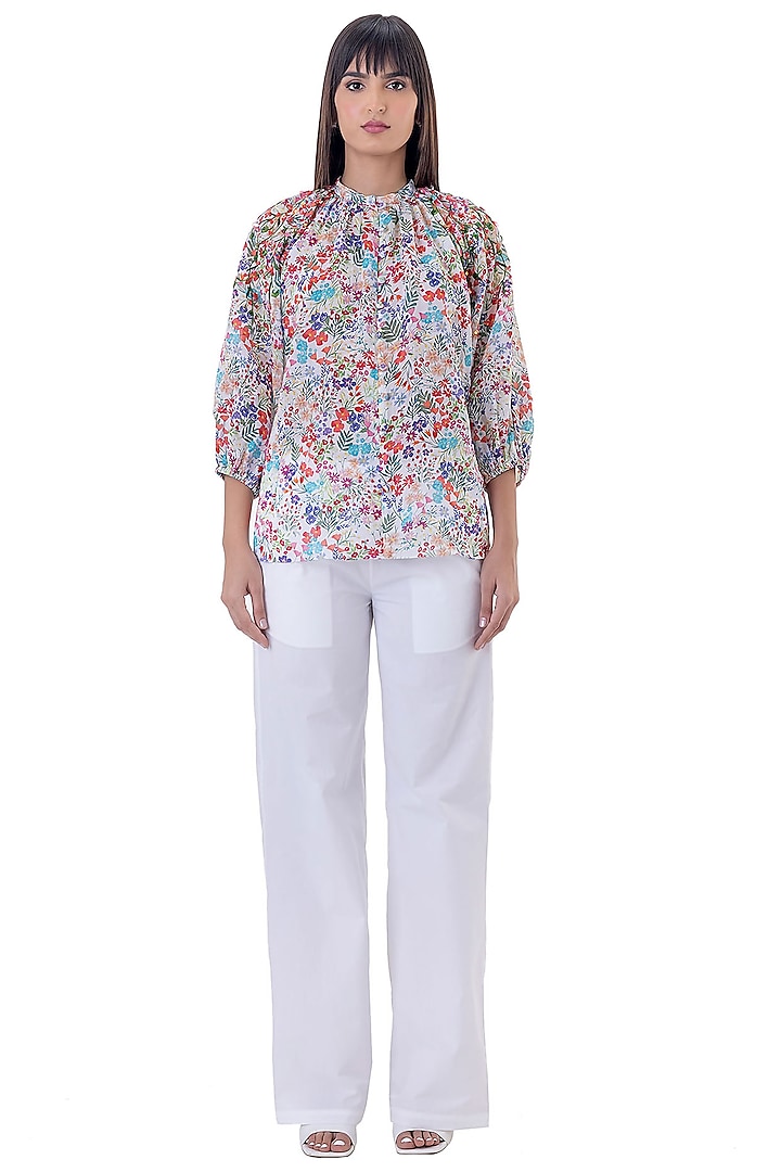 Multi-Colored Linen Printed & Embellished Top by Gaya at Pernia's Pop Up Shop