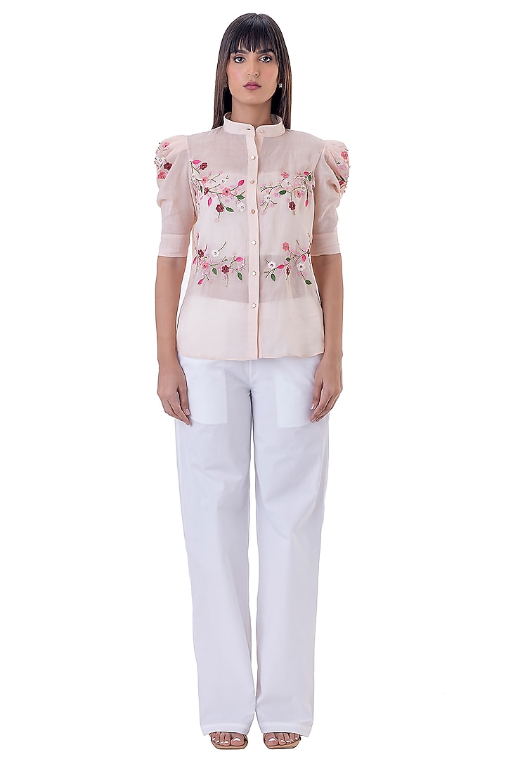 Peach Linen Embroidered Shirt by Gaya at Pernia's Pop Up Shop