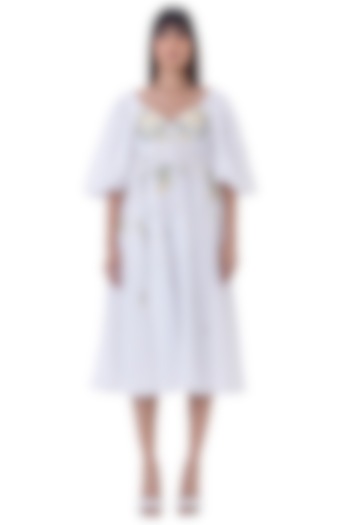 White Linen Embroidered Midi Dress by Gaya