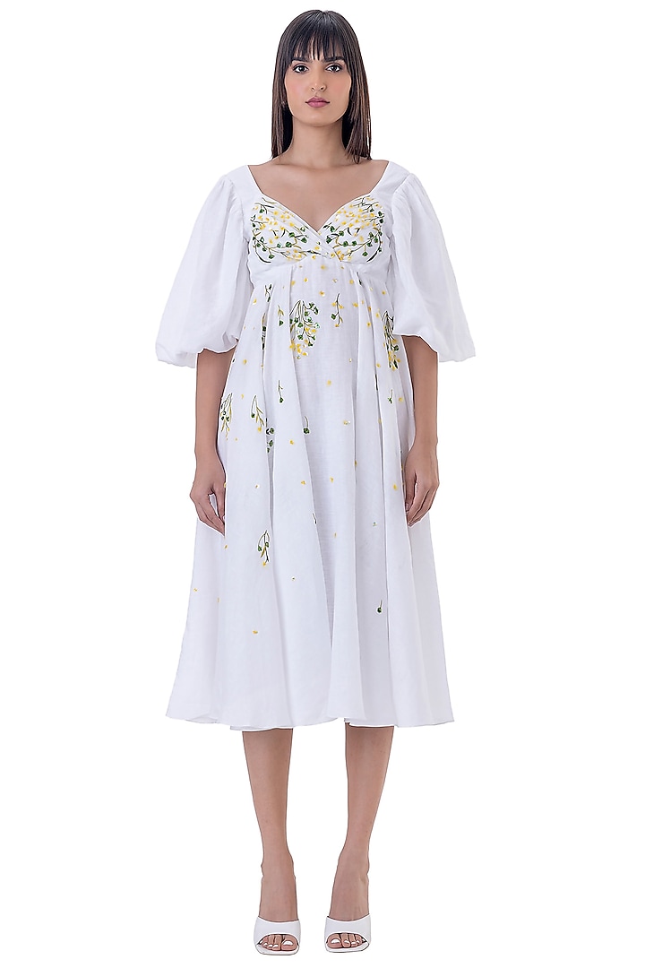 White Linen Embroidered Midi Dress by Gaya