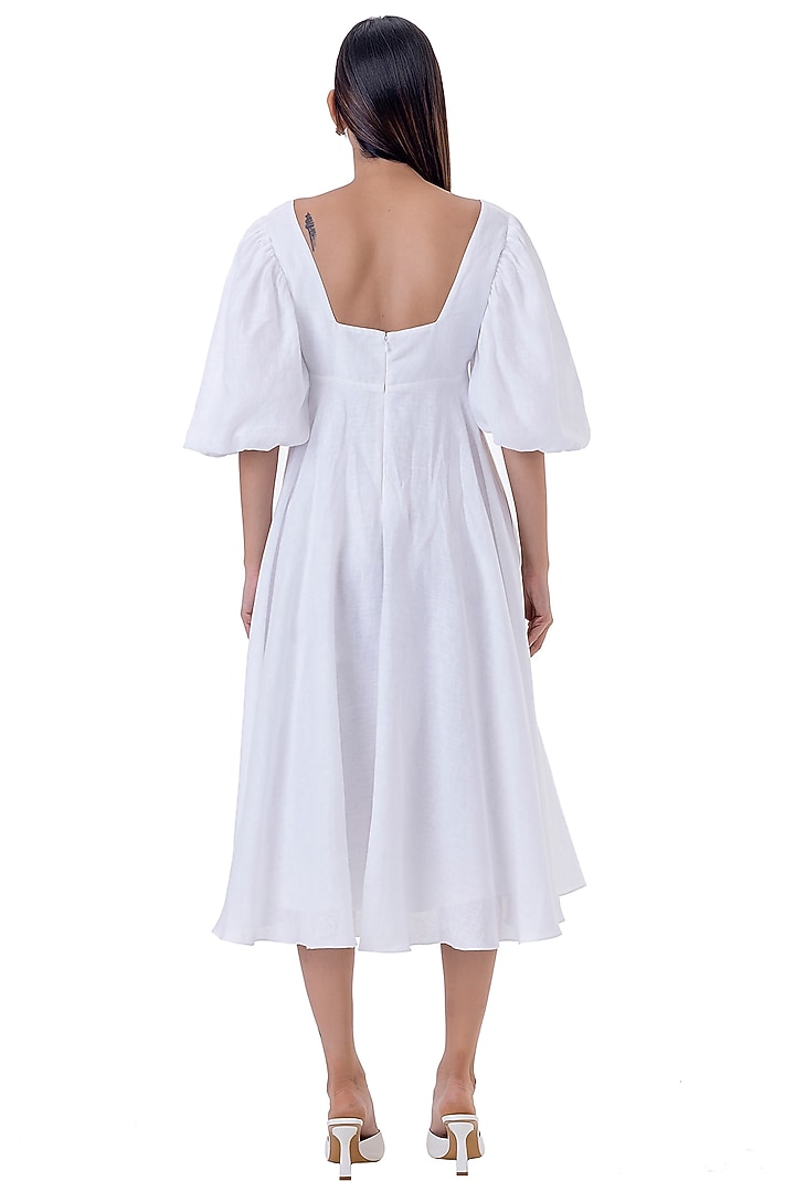 White Linen Embroidered Midi Vacation Dress by Gaya at Pernia's Pop Up Shop