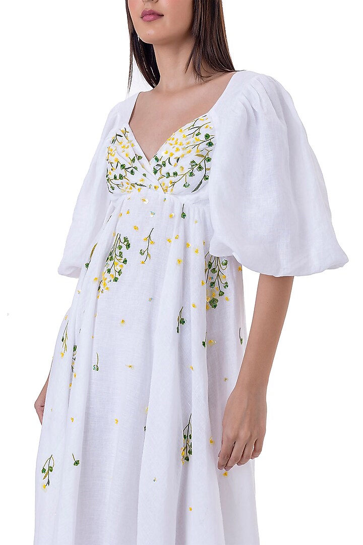 White Linen Embroidered Midi Vacation Dress by Gaya at Pernia's Pop Up Shop