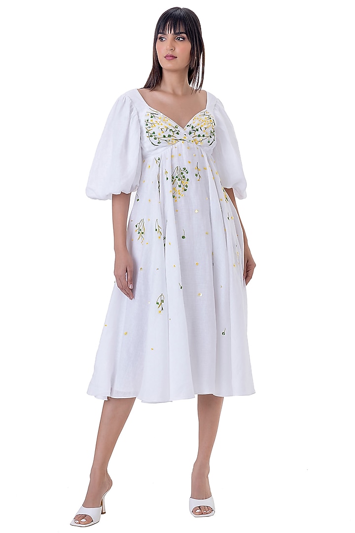 White Linen Embroidered Midi Vacation Dress by Gaya at Pernia's Pop Up Shop