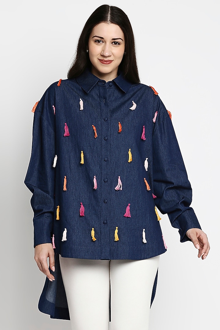 Dark Blue Cotton Denim Oversized Shirt by Gaya at Pernia's Pop Up Shop