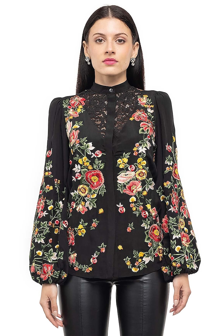 Black Floral Embroidered Shirt by Gaya at Pernia's Pop Up Shop