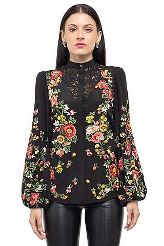 Black Floral Embroidered Shirt by Gaya
