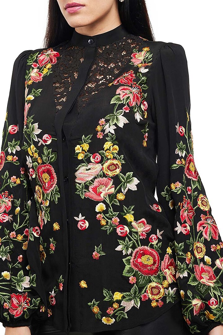 Black Floral Embroidered Shirt by Gaya at Pernia's Pop Up Shop