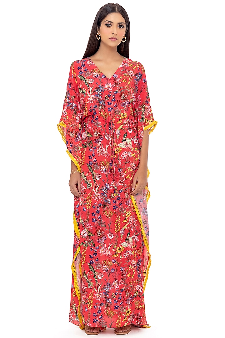 Hot Pink Floral Printed Kaftan Maxi Dress by Gaya