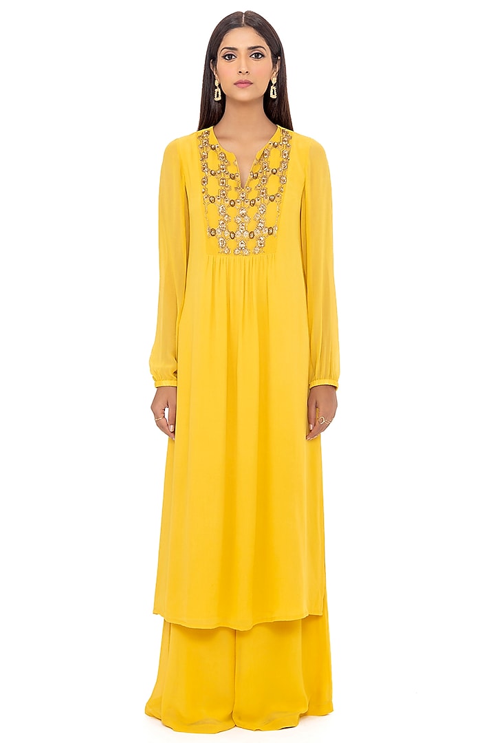 Yellow Embroidered Fit & Flared Tunic Set by Gaya