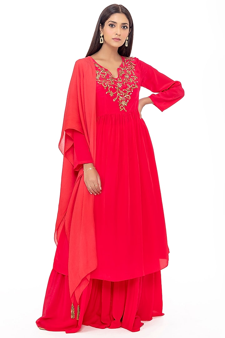 Hot Pink Embroidered Fit & Flared Tunic Set by Gaya