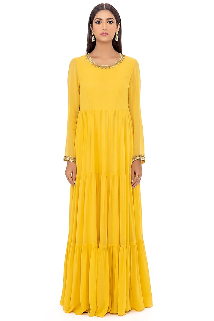 Yellow Embroidered Fit & Flared Tunic by Gaya
