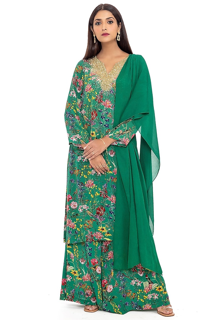 Dark Green Floral Printed Tunic Set by Gaya