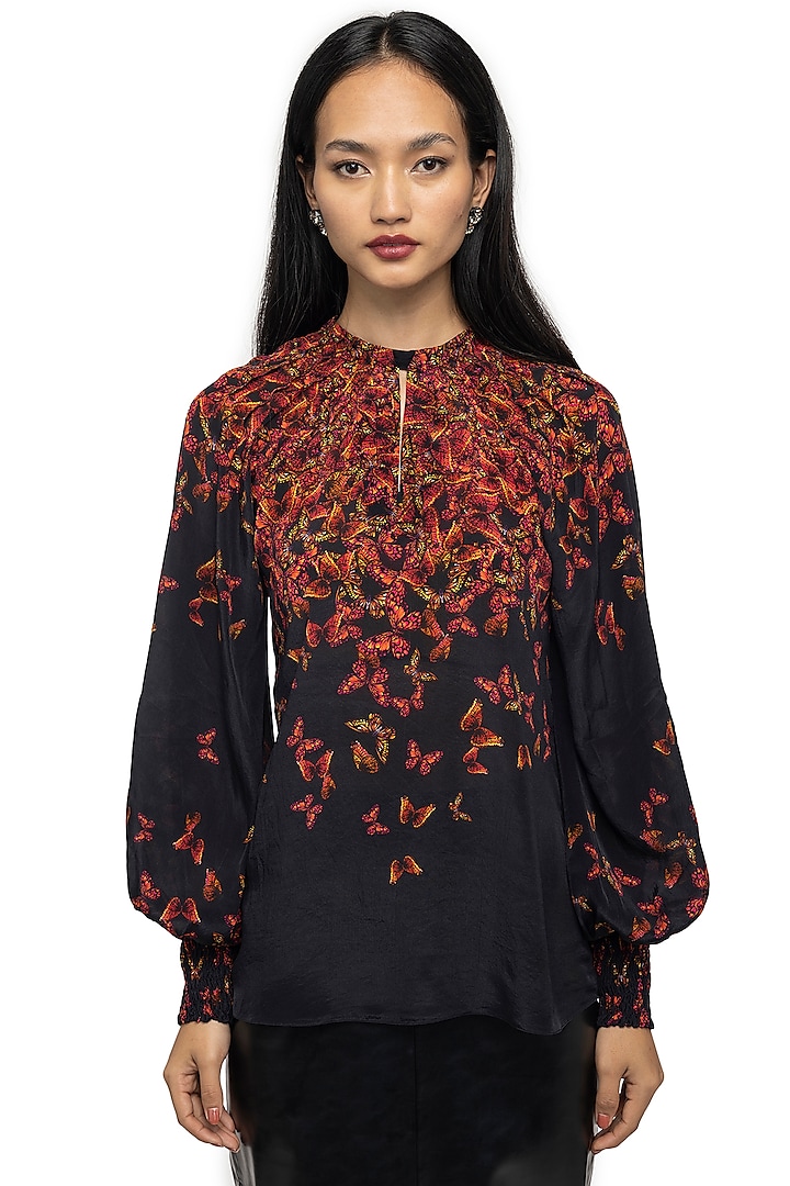 Multi-Colored Butterfly Printed Blouson Top by Gaya