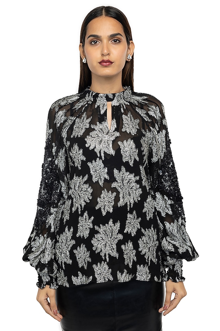 Black & Silver Lurex Blouson Top by Gaya at Pernia's Pop Up Shop