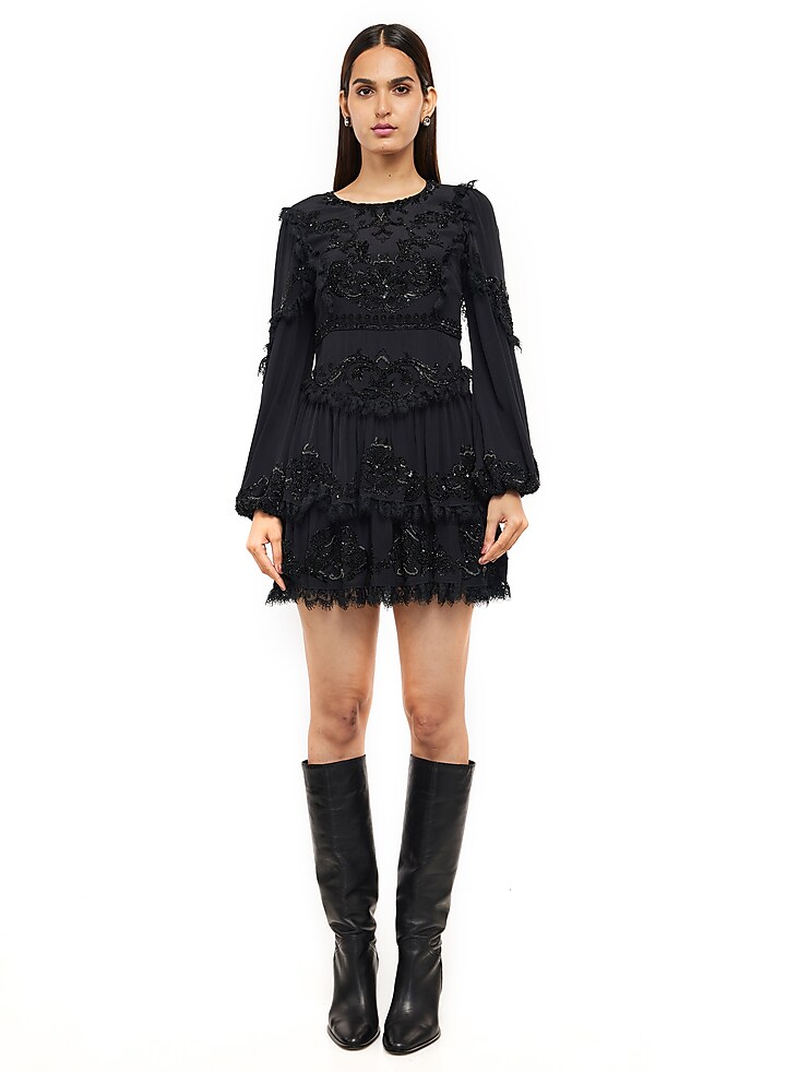 Black Viscose Embroidered Mini Dress by Gaya