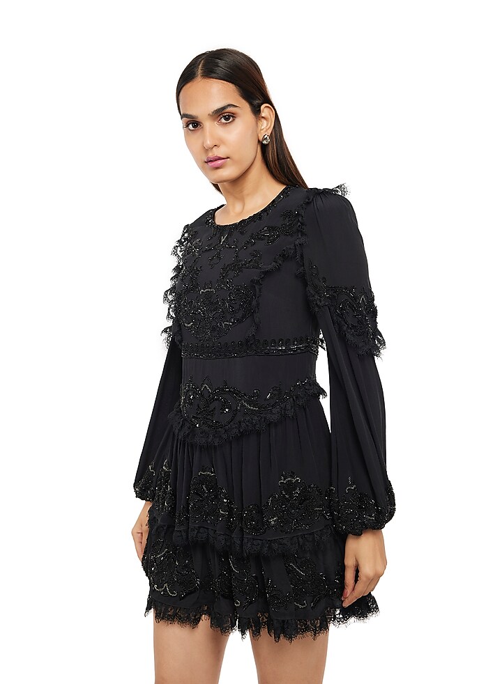 Black Viscose Embroidered Mini Cocktail Dress by Gaya at Pernia's Pop Up Shop