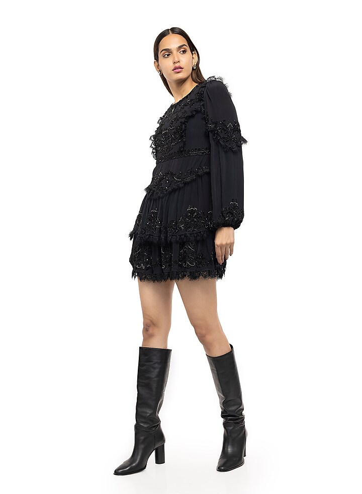 Black Viscose Embroidered Mini Cocktail Dress by Gaya at Pernia's Pop Up Shop