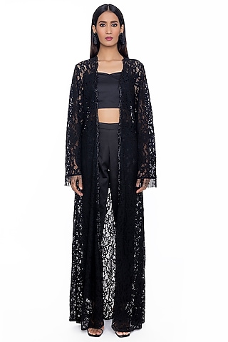 Black Robe With Beaded Fringes by Gaya
