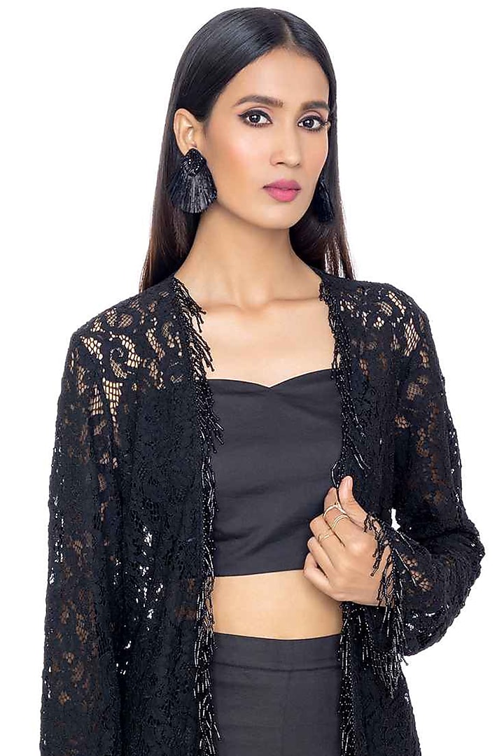 Black Robe With Beaded Fringes by Gaya at Pernia's Pop Up Shop