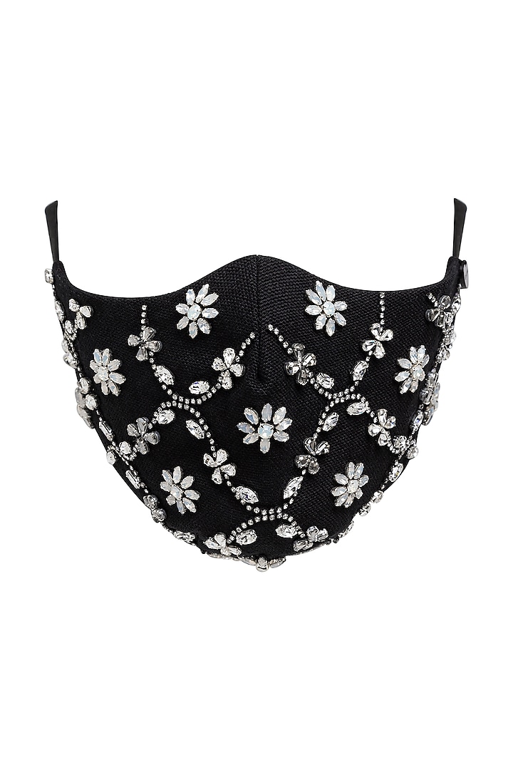 Black Cotton Floral Embroidered Mask by Gaya