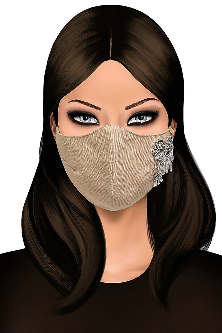 Beige Crystal Brooch Embellished Mask by Gaya at Pernia's Pop Up Shop