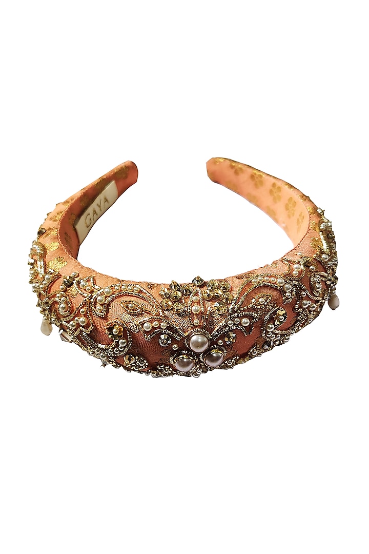 Peach & Gold Embroidered Hairband by Gaya