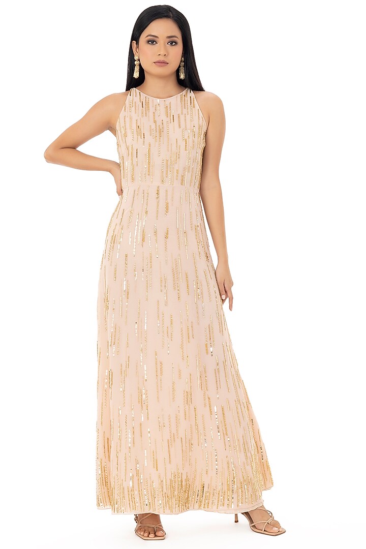 Nude Poly Georgette Maxi Vacation Dress by Gaya at Pernia's Pop Up Shop