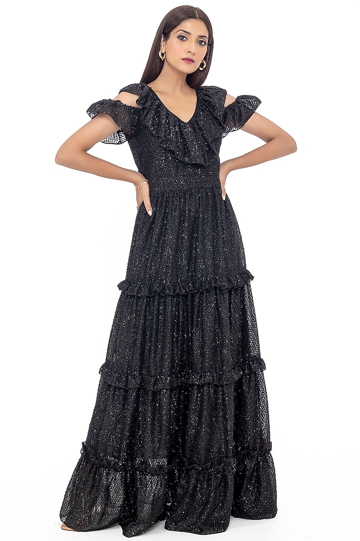 Black Cold-Shoulder Tiered Maxi Vacation Dress by Gaya at Pernia's Pop Up Shop